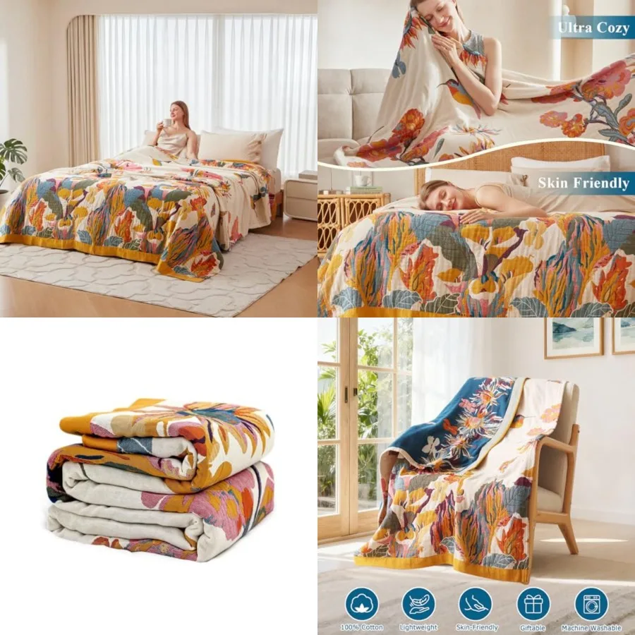 

Boho Throw Blanket - 100 Cotton Soft Summer Throw Blanket for Bed, 90x108 Reversible Breathable Lightweight Blankets, All Seaso