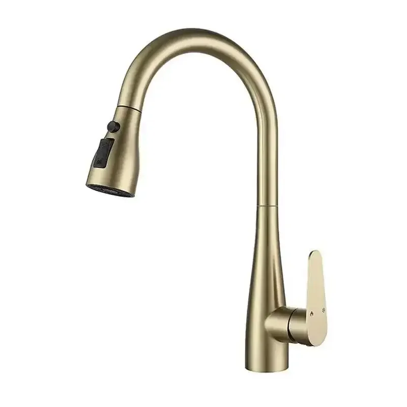 Brushed Gold Pull Out Kitchen Faucet Sink Faucet 360 Degree Rotation Water Tap Deck Mounted Mixer Stream Sprayer Hot Cold Taps