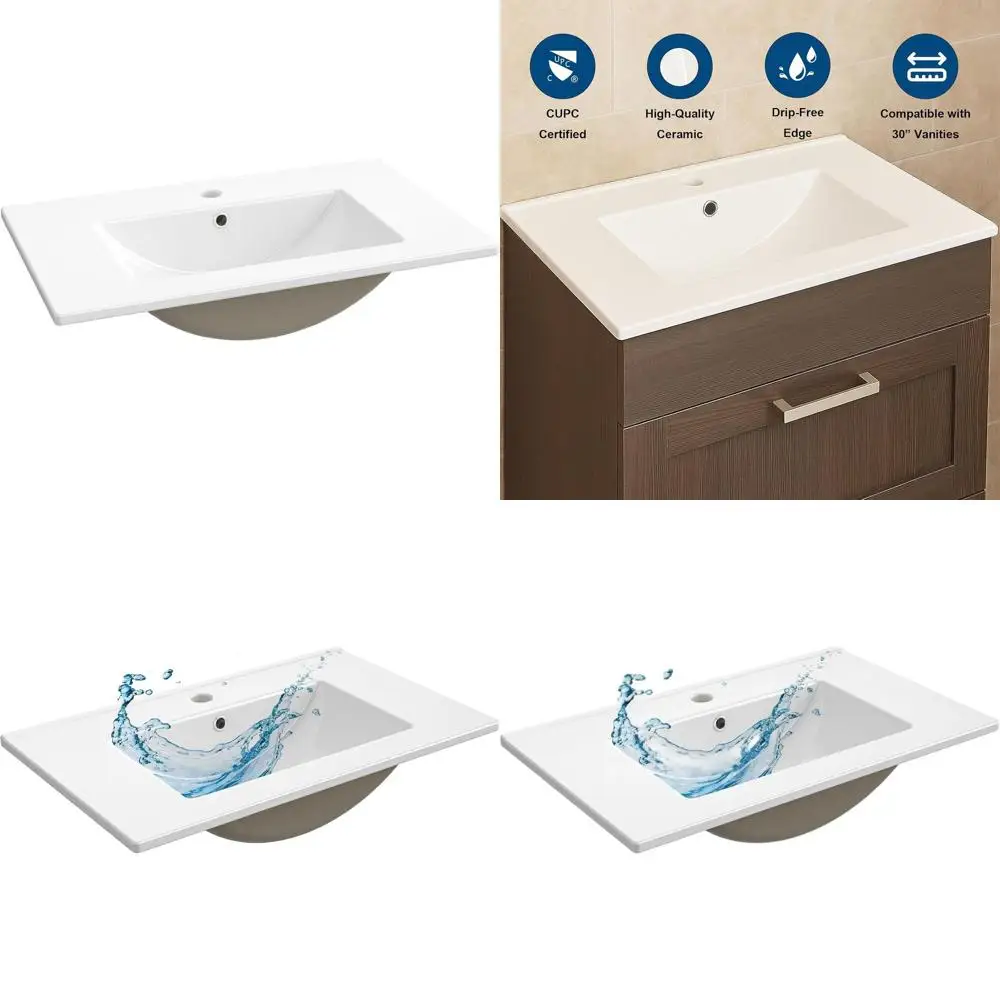 

30 Inch White Porcelain Undermount Bathroom Sink with One Hole and Overflow Drain