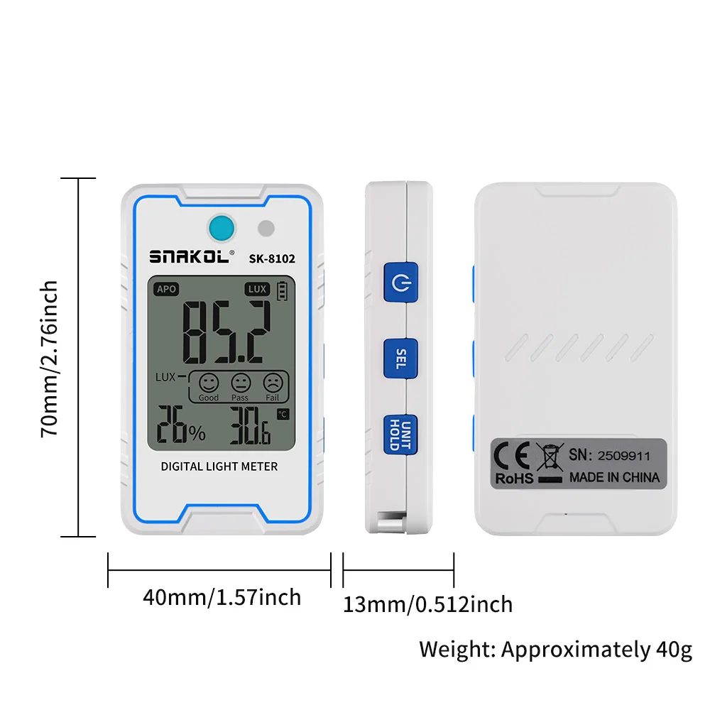 SNAKOL SK‑8100 SK‑8101 SK‑8102 SK‑8105 Mini Digital Lux Meter, High‑Precision Wide Range, Type‑C Charging, Portable Key‑chain