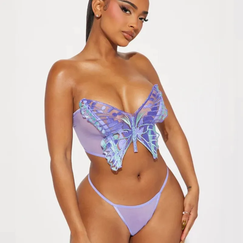 3D Butterfly Embroidery Strapless Bandeau 2Pcs Lingerie Set Sheer Mesh See Through Bra Thong Valentine Anniversary Honeymoon