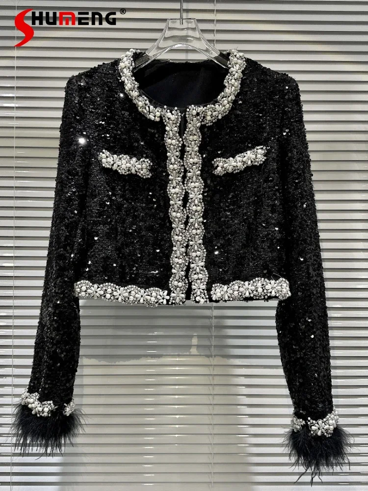 

Fur Stitching Cuff Rhinestone Beaded Short Coat Women 2023 Autumn New Commute Style Round Neck Long Sleeve Black Jacket Female