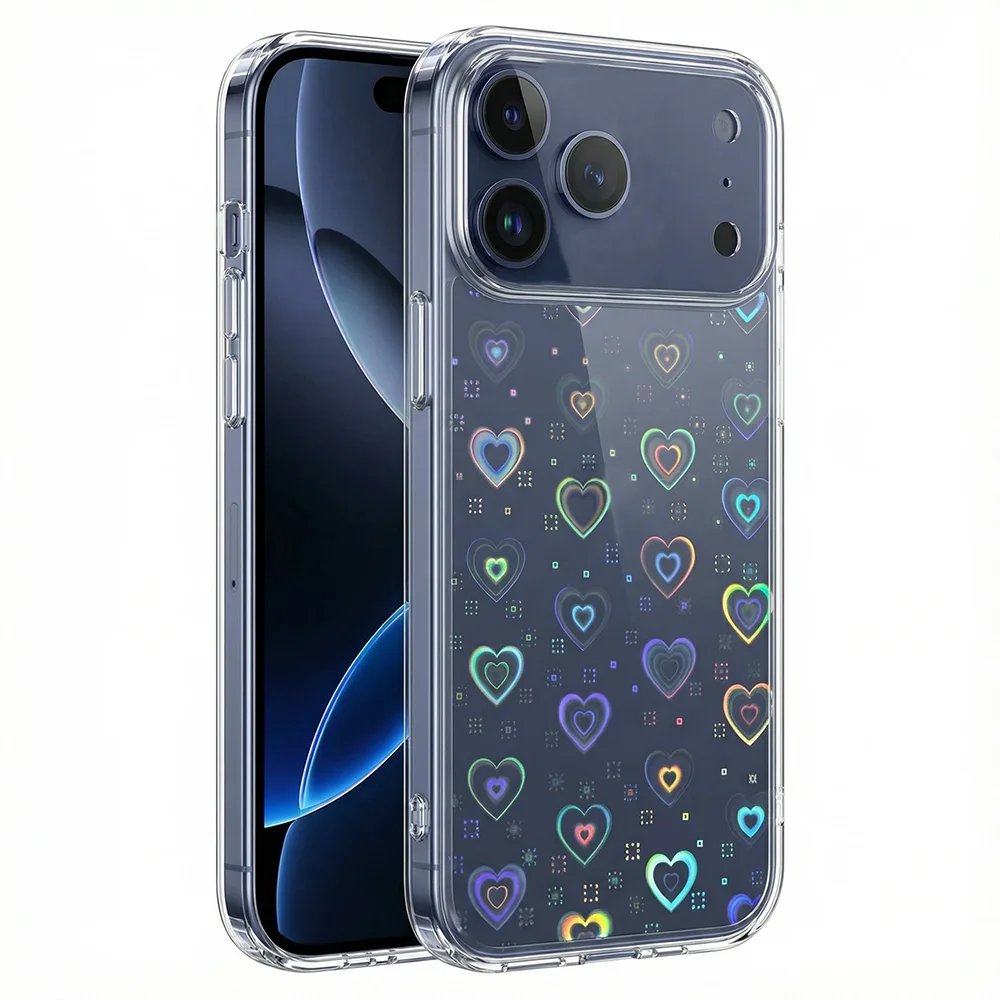 The laser heart-shaped gradient design is suitable for iPhone 17/16/15/14/13/12 Pro Max Air 16e 15/14 Plus phone cases. pc+tpu