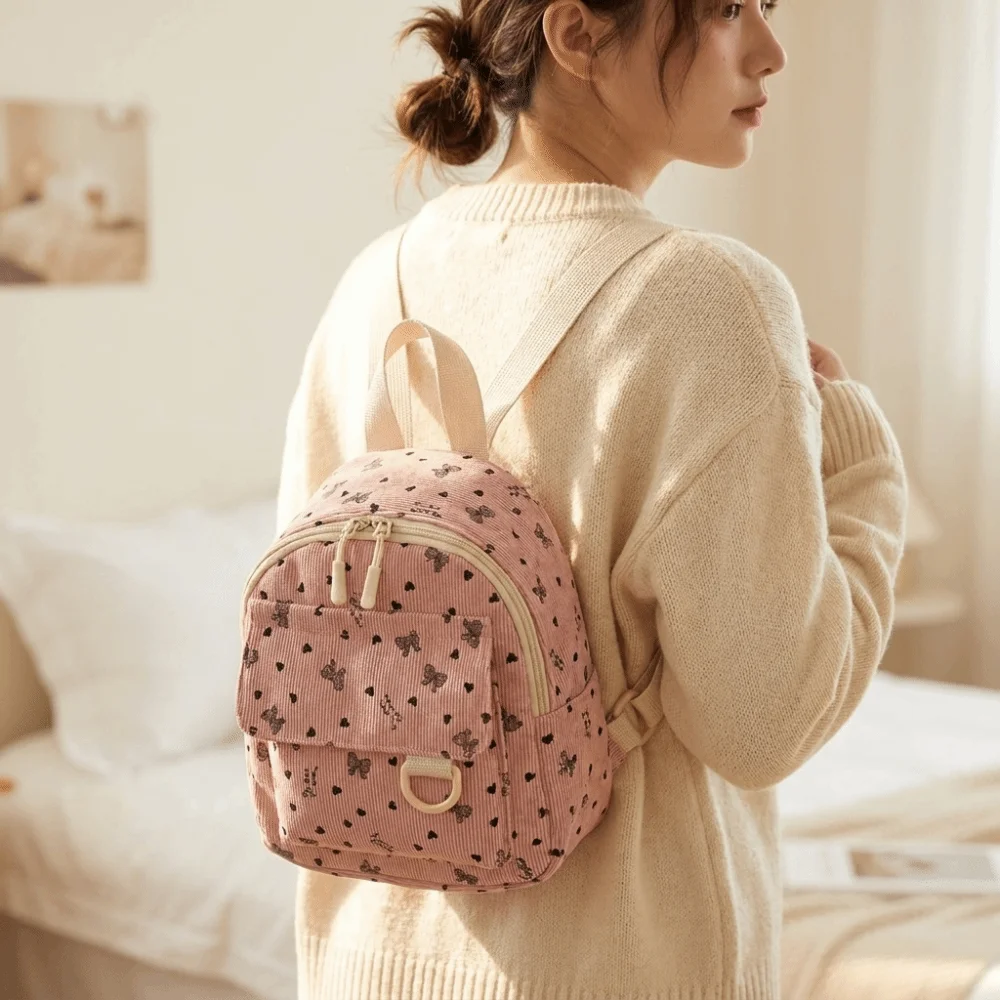 Cute Sweet Corduroy Mini Backpack Heart Bow Print Multi-compartment Casual Backpack Zippered Opening Lightweight Rucksack School