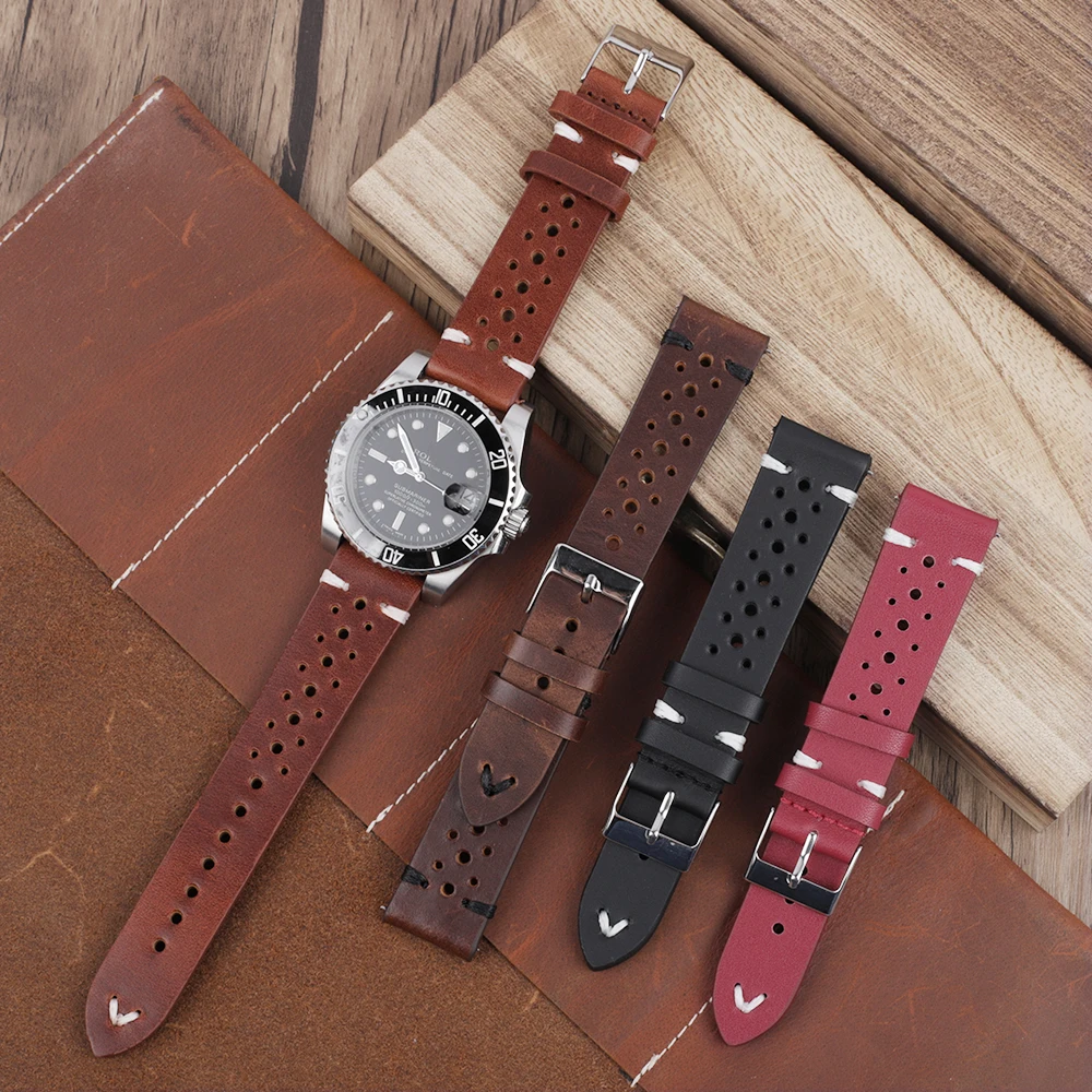 Genuine Leather Watch Band 18mm 19mm 20mm 22mm 24mm Porous Breathable Handmade Stitching Watch Strap for Men Watch Bracelet