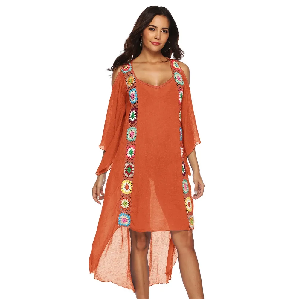 Robe tunique de plage longue en mousseline de soie pour femme, cover-up pour les maillots de bain, kaftan, tenue de plage