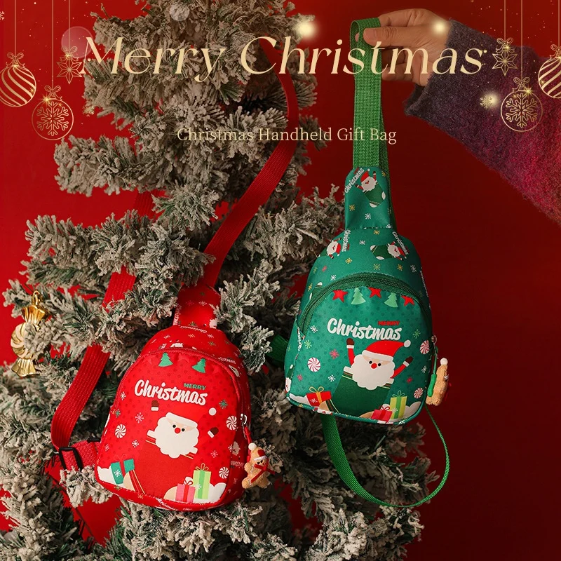 Christmas Kids Sling Bag Cute Santa Print Crossbody Chest Bag Adjustable Strap for Holiday Party Children Gift Daily Use