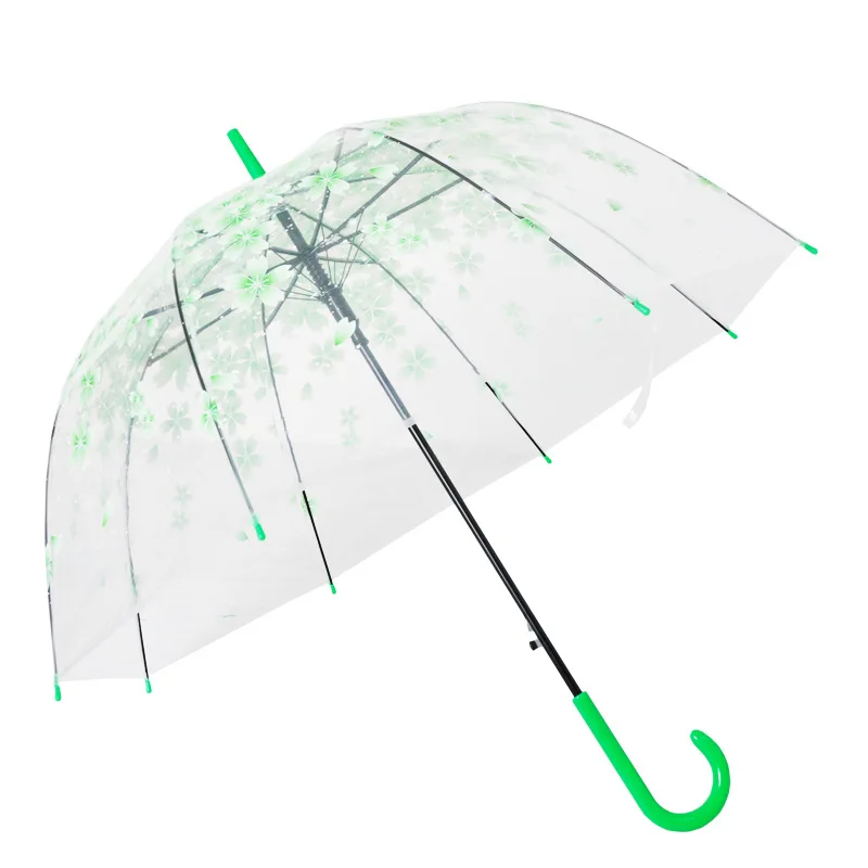 Transparent umbrella printed vfor women, sunny umbrella, straight pole, arched hook