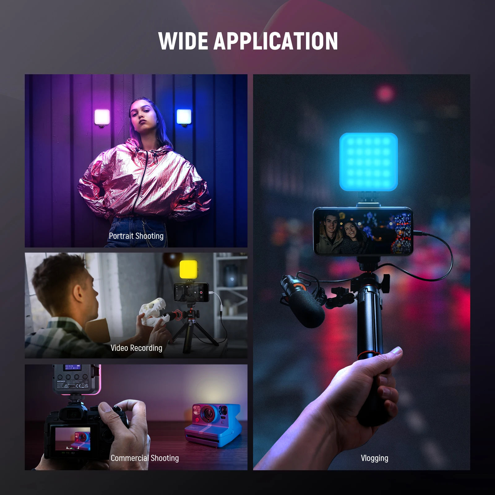 NEEWER RGB62 Magnetische RGB-Videoleuchte mit verbesserter APP-Steuerung, 360° ° Vollfarbige LED-Kameraleuchte mit 3 Kaltschuhen – Detail 8
