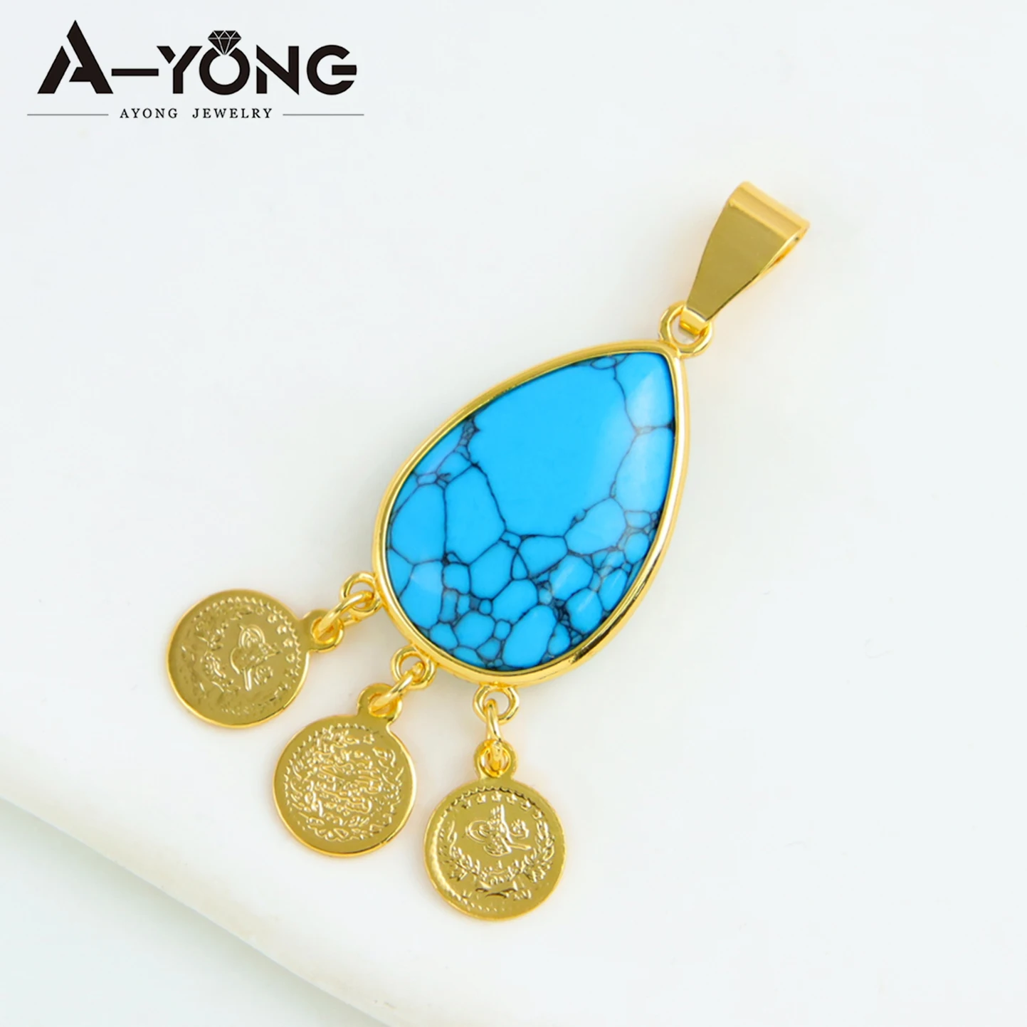 Arab Fashion Turquoise Gold Color Pendant 18k Gold Plated Italian Tassel Necklace Pendants Saudi Women Event Party Jewelry