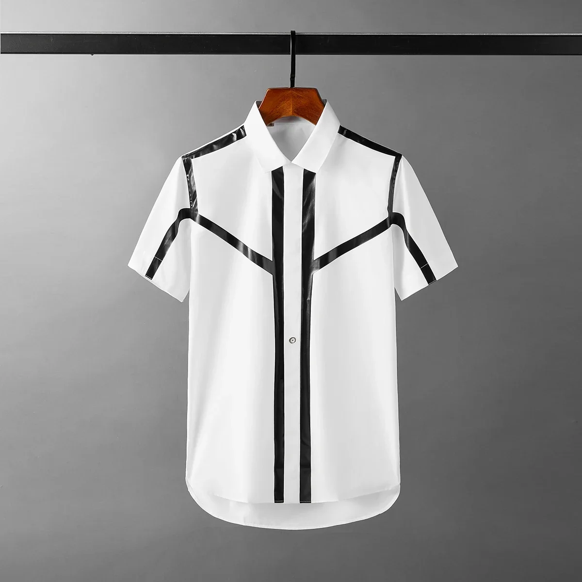 New Summer White Male Shirts Luxury Short Sleeve Stripe Printed Casual Mens Dress Shirts Fashion Slim Fit Party Man Shirts