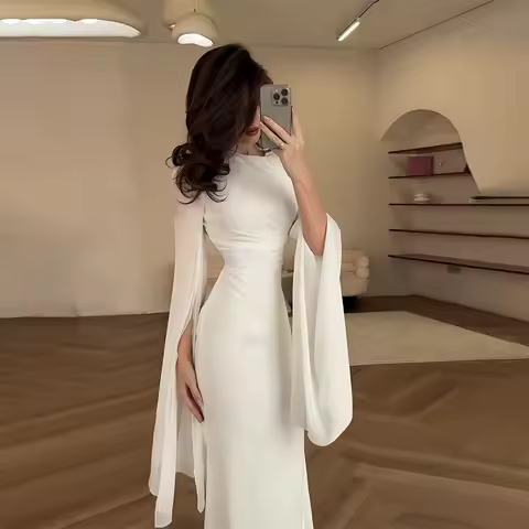 Summer Satin Long Dress with Full Sleeve Simple and Slim Fit Sweet Long Sleeved Yarn Splicing Evening Gown Dress Vestidos
