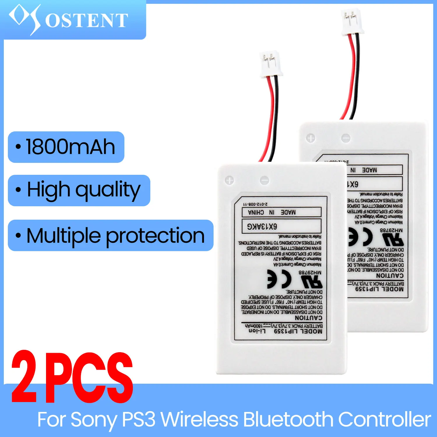 

OSTENT 2/4/10PCS 3.7V 1800mAh LIP1359 Rechargeable Lithium Battery Replacement for Sony PS3 Playstation 3 Wireless Controller