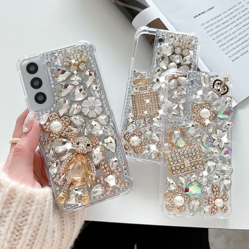 Luxury Bling Rhinestone Phone Case For Samsung Galaxy S23 S22 S21 Ultra S20 FE Note 20 10 Plus S10 Plus DIY Diamond Flower Cover