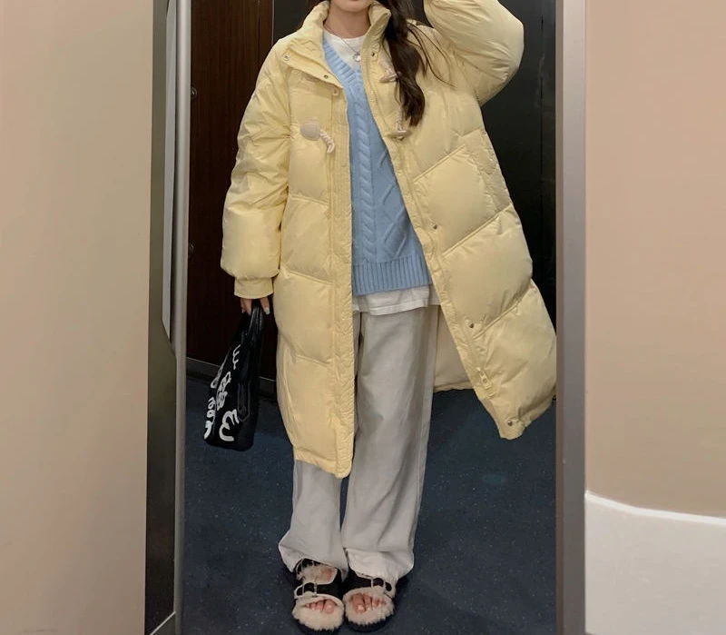 Cow Horn Button New Cotton Jacket, Down Cotton Jacket, Women's Winter Coat, Loose and Thick, Medium To Long Style