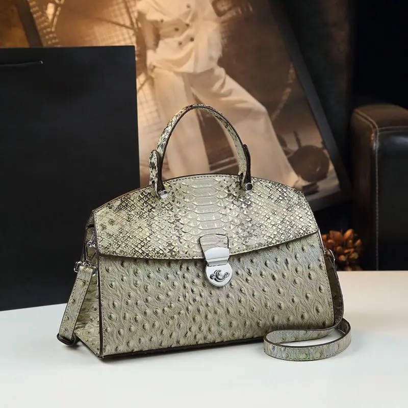 Ostrich Skin Leather Women's Bag 2024 New European And American Snake Print Retro Locking Single Shoulder Crossbody Handbags