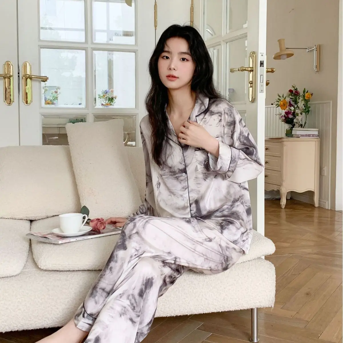 Spring and Autumn New Women\'s Pajamas Homewear Suit Female Spring and Autumn Silk Girls Long-Sleeved Long Pants Pajamas Homewear