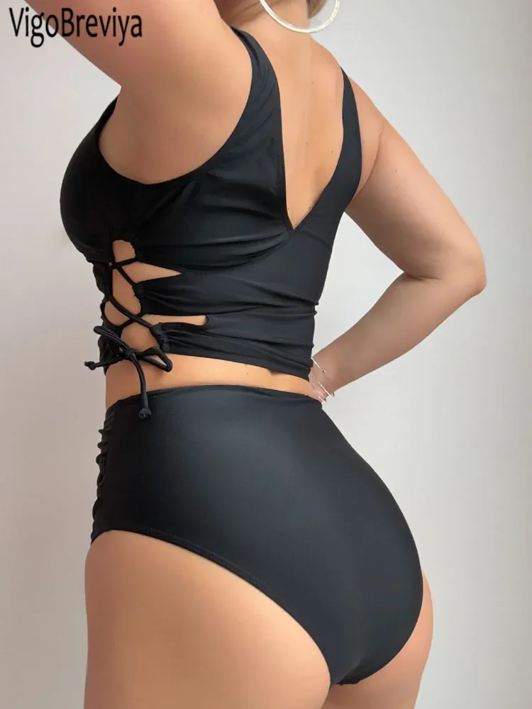 VigoBreviya 2025, traje de baño Sexy liso con tirantes, Tankini cruzado con realce para mujer, traje de baño brasileño para mujer, traje de baño hueco de cintura alta