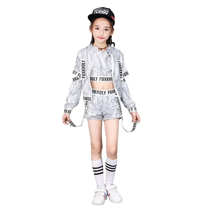 2026 Silver Sparkly children jazz Modern dance Costumes Girls boy Sequins alphabet band hip hop Street stage wear for 5AQBR view 4