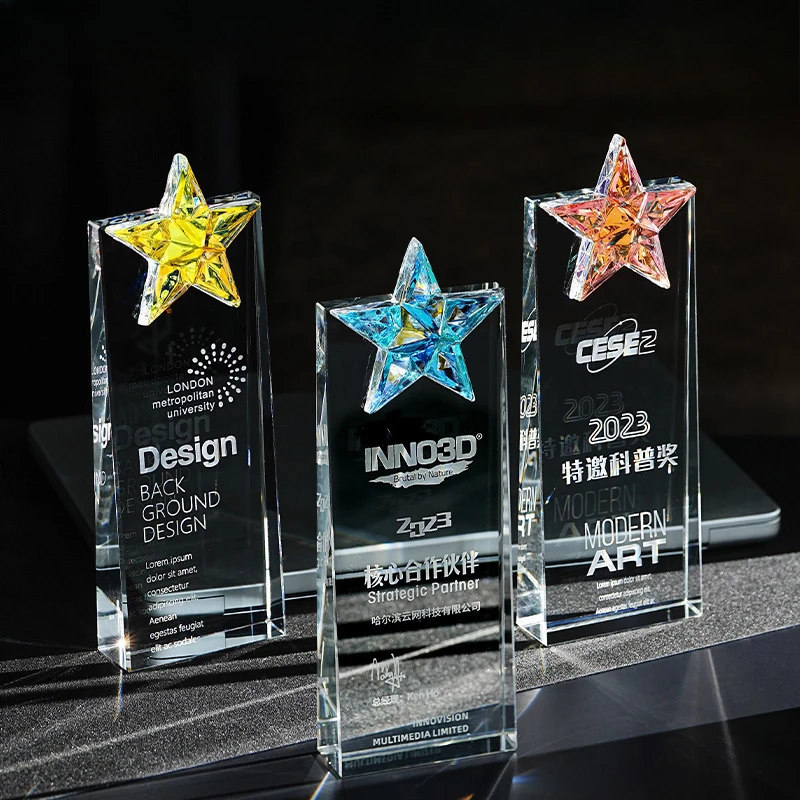 

Индивидуальный красочный хрустальный трофей с пентаграммой, отличные награды за сотрудник, сувениры для спортивных соревнований, медаль со свободными надписями, 1 шт.