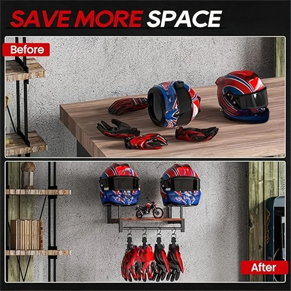 

Wall Mount Motorcycle Helmet Rack Wooden Shelf Sturdy Helmet Display Stand Retro With Hooks Cycling Equipment Holder
