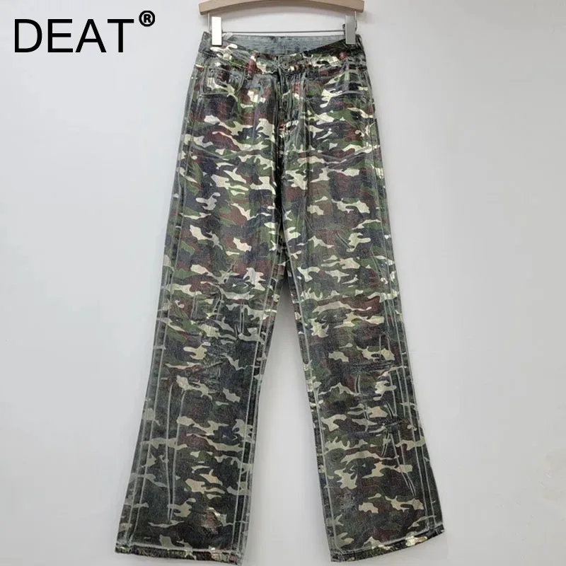 DEAT 2024 Winter New Items Fashion Retro Print Camouflage Denim Pants For Women Trendy Straight-leg Long Jeans Female 11A01981