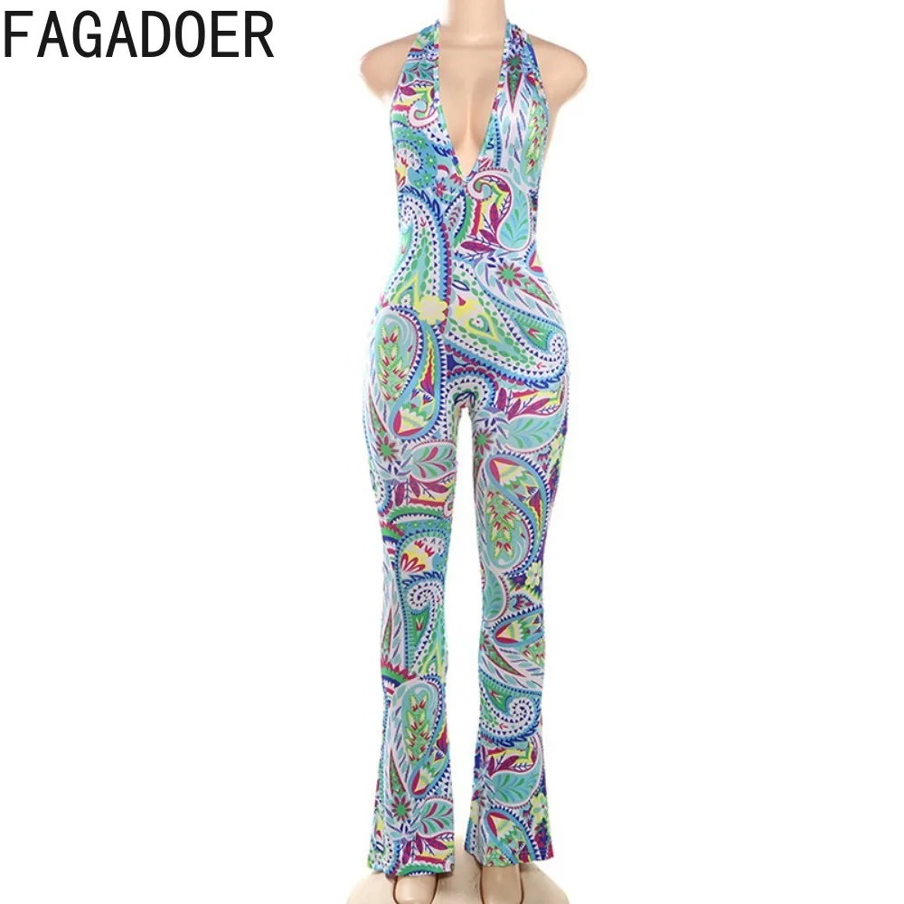 FAGADOER Green Fashion Retro Pattern Printing Halter Bodycon Jumpsuits Women Deep V Sleeveless Backless Playsuits Female Overall