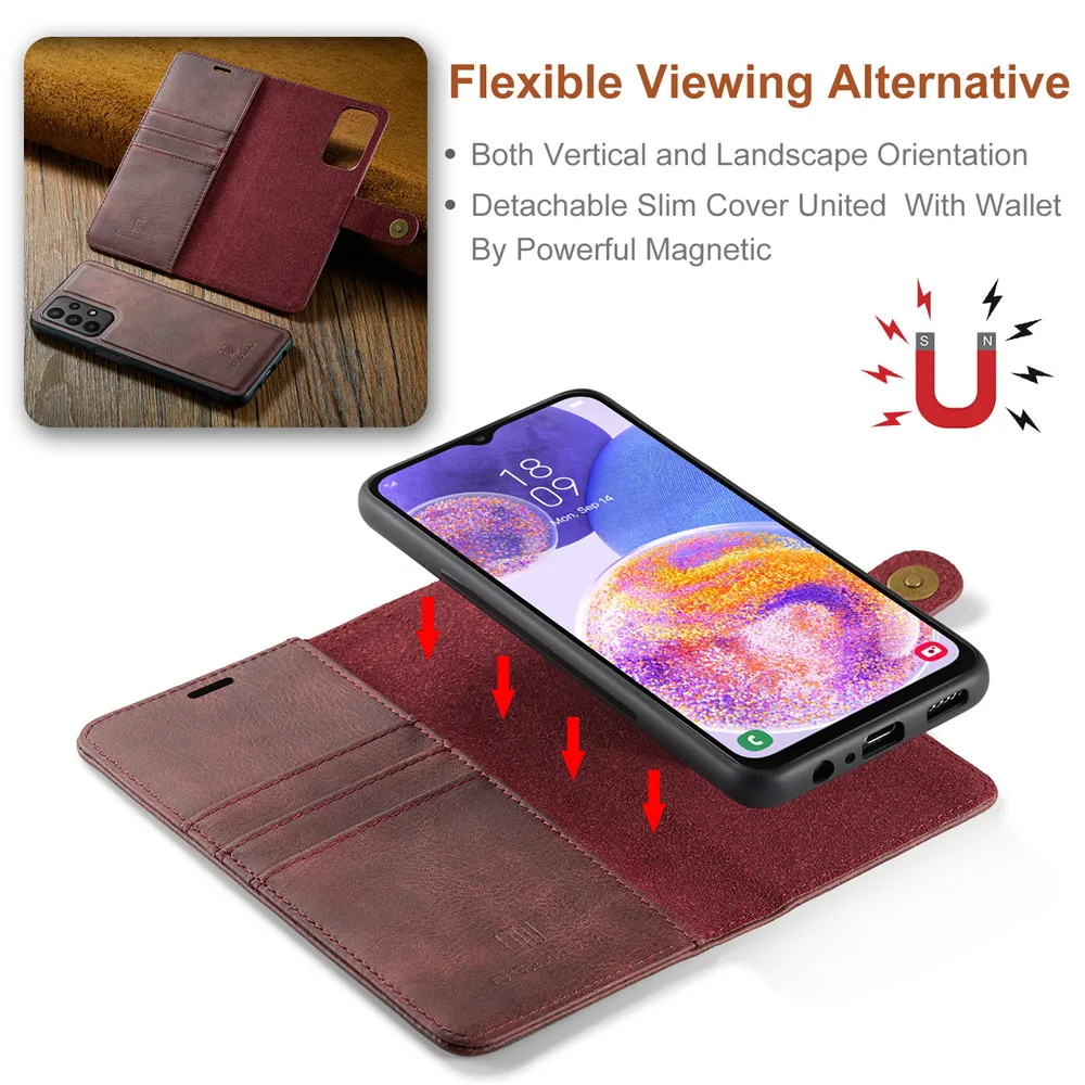 DG.Ming Cowhide Leather Bifold Wallet Case For Samsung Galaxy A23 4G/5G Detachable Card Pockets Stand Cover