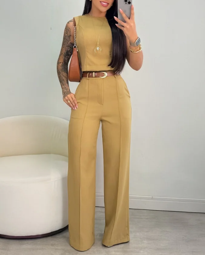 

Round neck sleeveless top and wide leg pants set