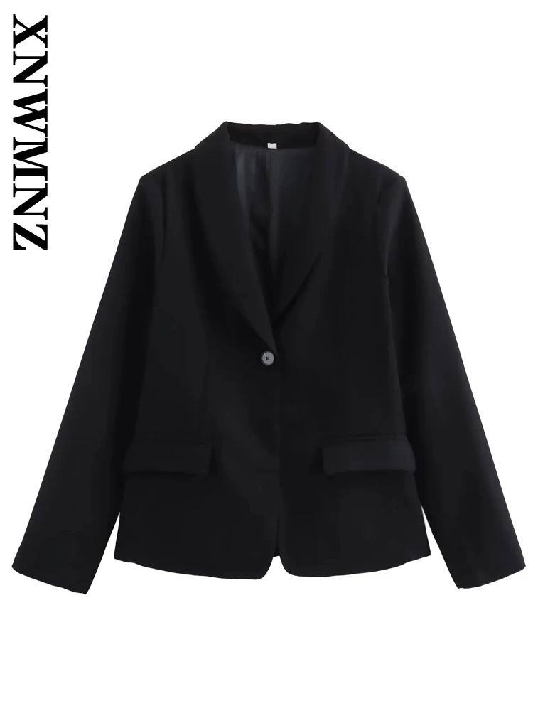 XNWMNZ Vrouw 2024 Herfst Mode Lange Mouw Effen Kleur Blazer Jas Vrouwelijke Casual Notched Kraag Een Knoppen Zakken Top Jas