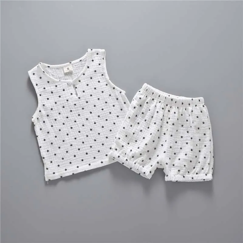 Boys Girls Suits Clothes Baby Muslin Cotton Outfits Vest Shorts Casual Summer Children's Sleeveless Tops +Pants 2PCS 0-4 Years