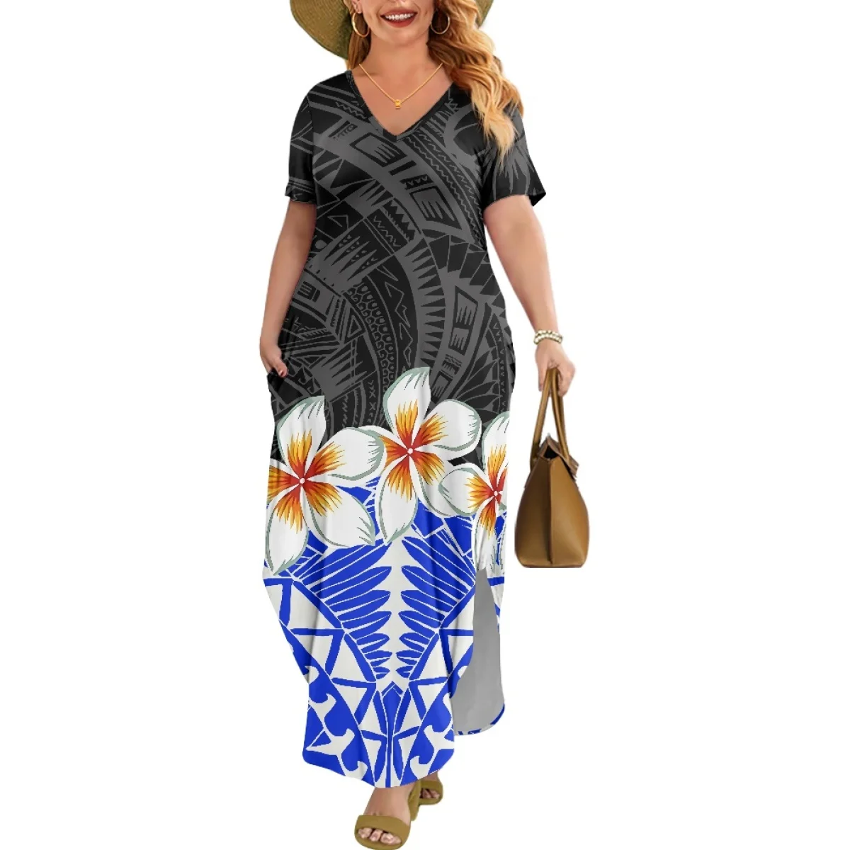 

Exclusive Custom Design Polynesian Tiare Tiki Tattoo Dress Casual Plus Size Women Short Sleeve Plus Size Dress Printed On Demand