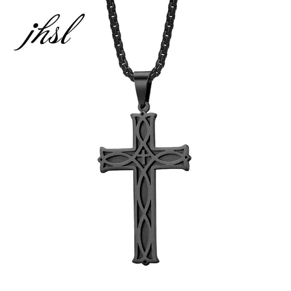 JHSL 55cm Box Chain Men Cross Necklace Pendants Black Silver Color Gold Color 316L Stainless Steel Fashion Jewelry