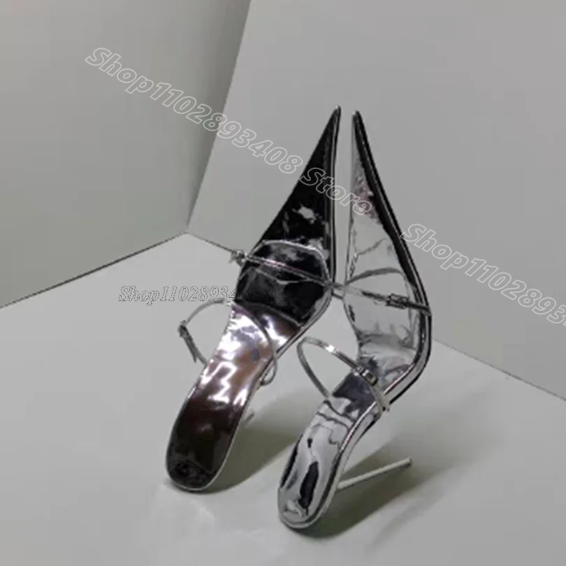 Silver Metal Heels Sexy Slippers Ankle Buckle Summer British Style Dress Party New Fashion Women Shoes 2024 Zapatos Para Mujere