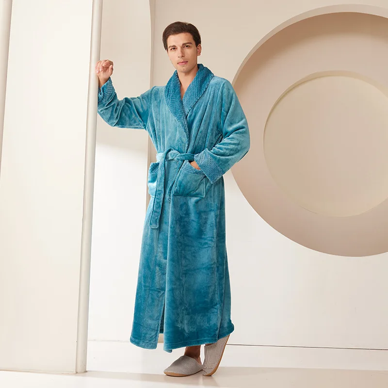 Kimono Robe Long Nightgown with Pocket  Shower Robe Home Clothes Winter Lengthened Plush Solid Color Home Clothes Long Coat