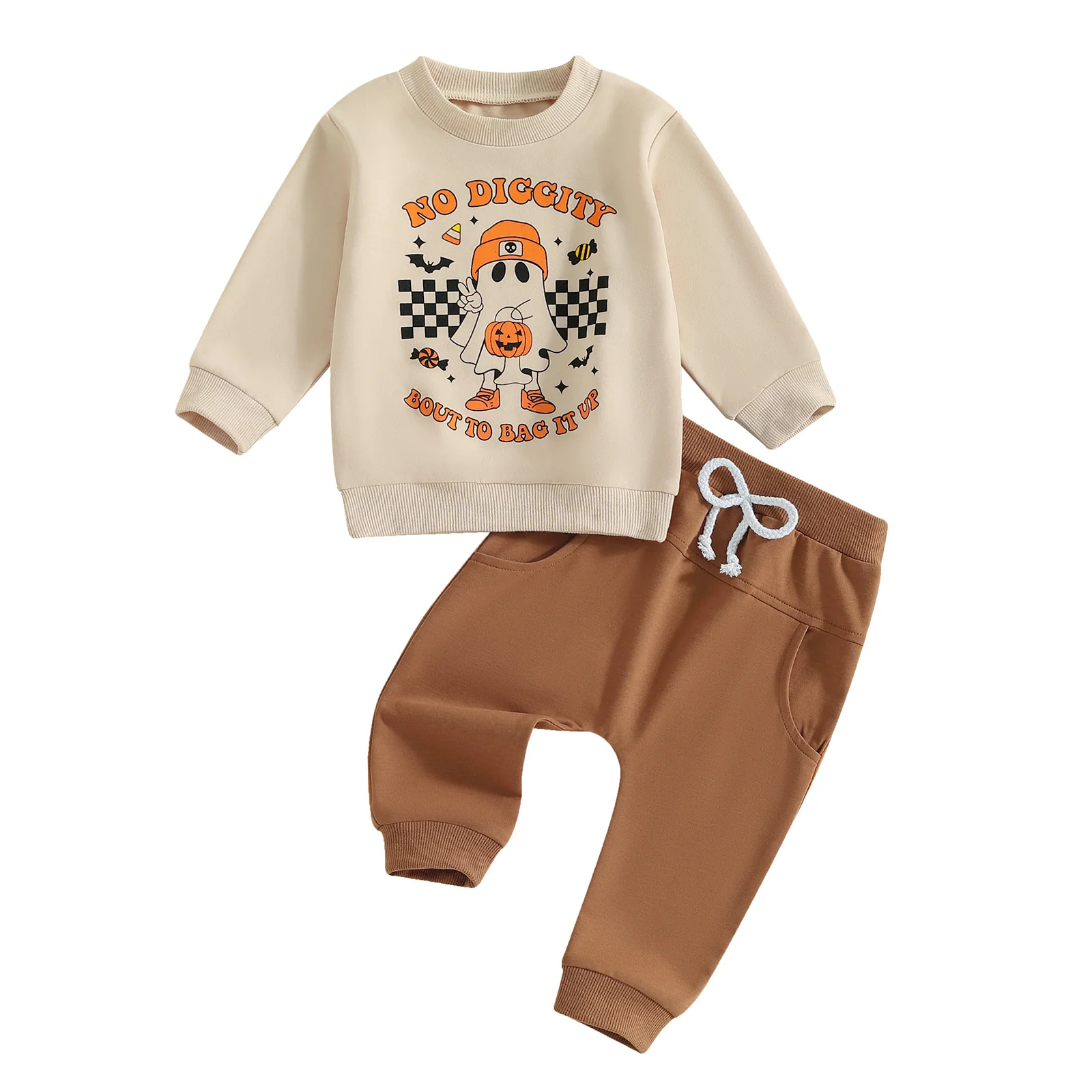 

Kids Boys 2-piece Outfit Long Sleeve Ghost Print Sweatshirt with Sweatpants Halloween Outfit