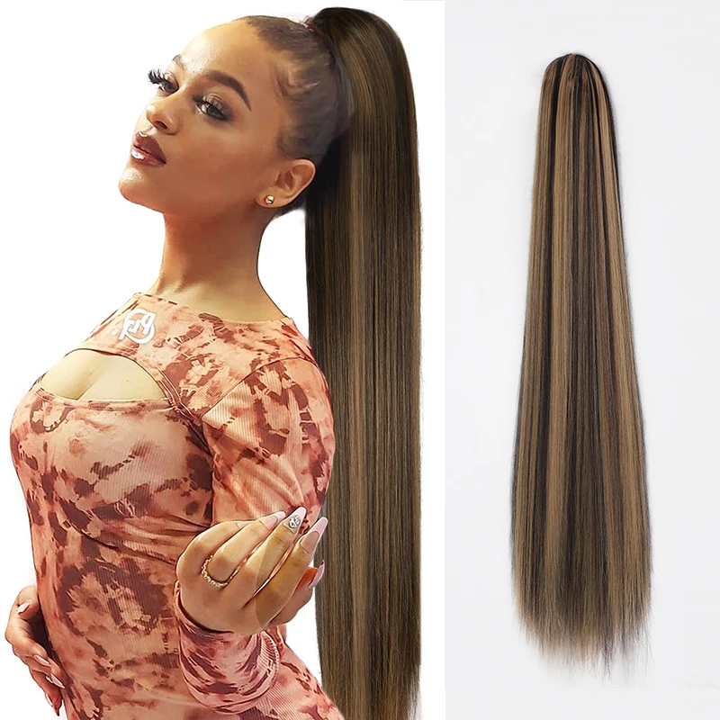 

Long Straight Drawstring Ponytail for Women Synthetic Hairpiece Clip in Pony Tail Hair Extension Ombre Blonde Fibre Hair Piece