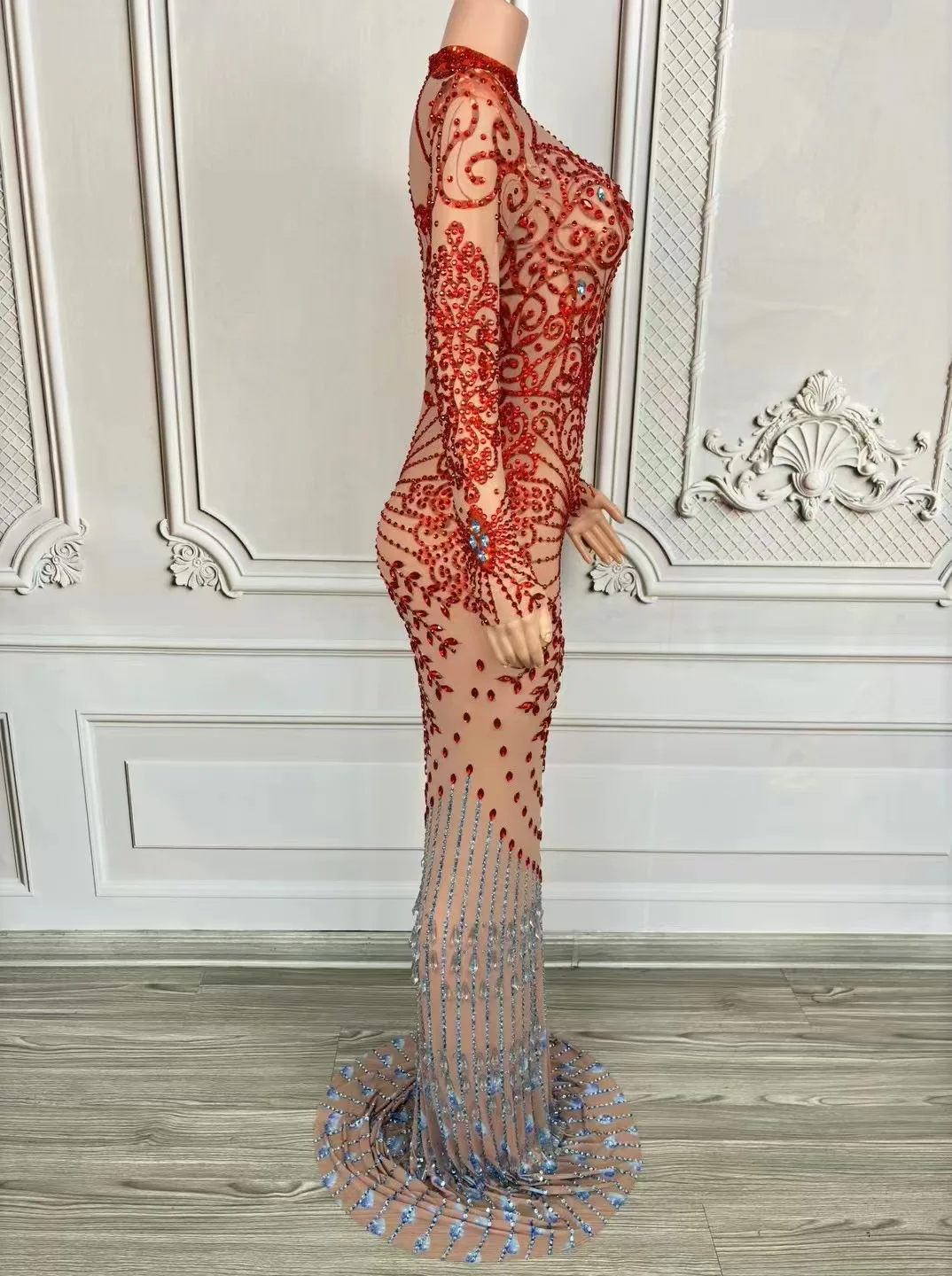 Nightclub Female Singer Photography Sequined Rhinestone One-Piece Hip-Covering Long Skirt Dress Performance Clothing