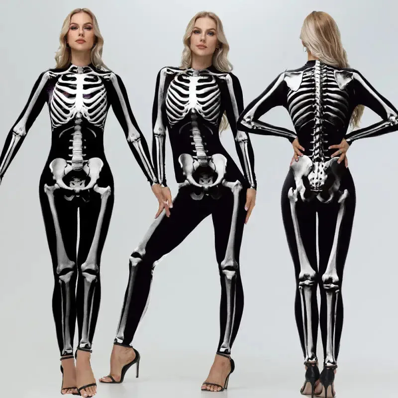 

[You're My Secret] Cosplay Zombie Scary Skeleton Printed Bodysuit Halloween Party CostumeWomen Zenti Jumpsuit Day of the Dead