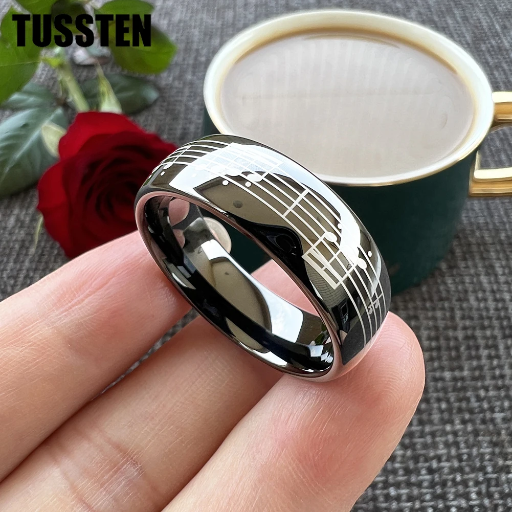 TUSSTEN 6/8MM mężczyźni kobiety obrączka wolframowa grawerowanie laserowe fortepian pięcioliniowy nuta pierścień muzyczny kopułkowa polerowana wygodne dopasowanie — zdjęcie 6