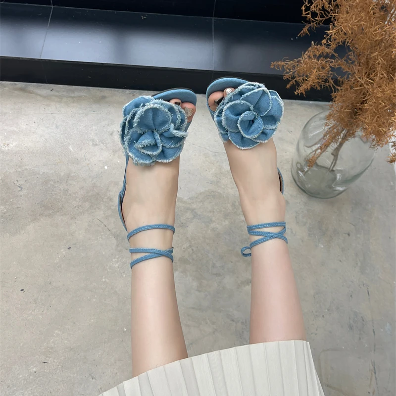 New Fashion Show Blue Denim Fabric Cross Strap Sexy High Heels Sandals Woman Shoes Pumps Lace-up Peep Toe Sandals Casual Sandals