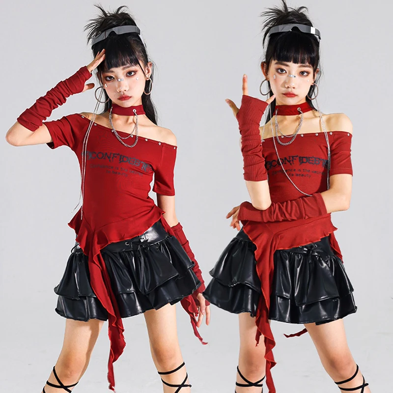 

2025 New Red Tops Black Leather Skirts Outfits For Girls Group Jazz Dance Costumes Fashion Show Hip Hop Stage Clothes DQS19971