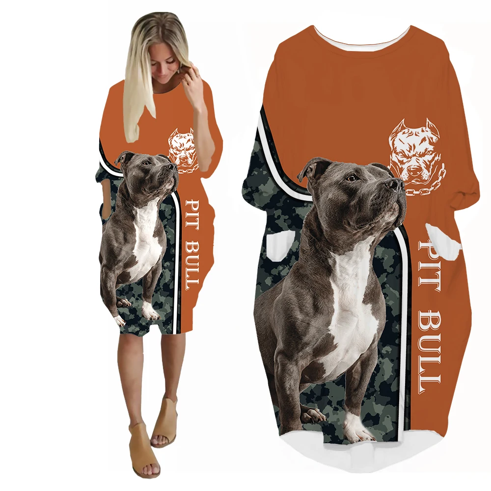 SONSPEE Cool Pitbull Graphic Hipster 3D Printed Graphic Dress Funny Dog Long Sleeve Women Casual Robe Street Personality Skirt