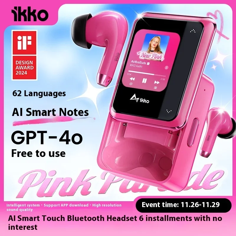 iKKO ActiveBuds - Touch Screen Smart Bluetooth Earbuds with GPT Conference and AI Recording Translation, Pink