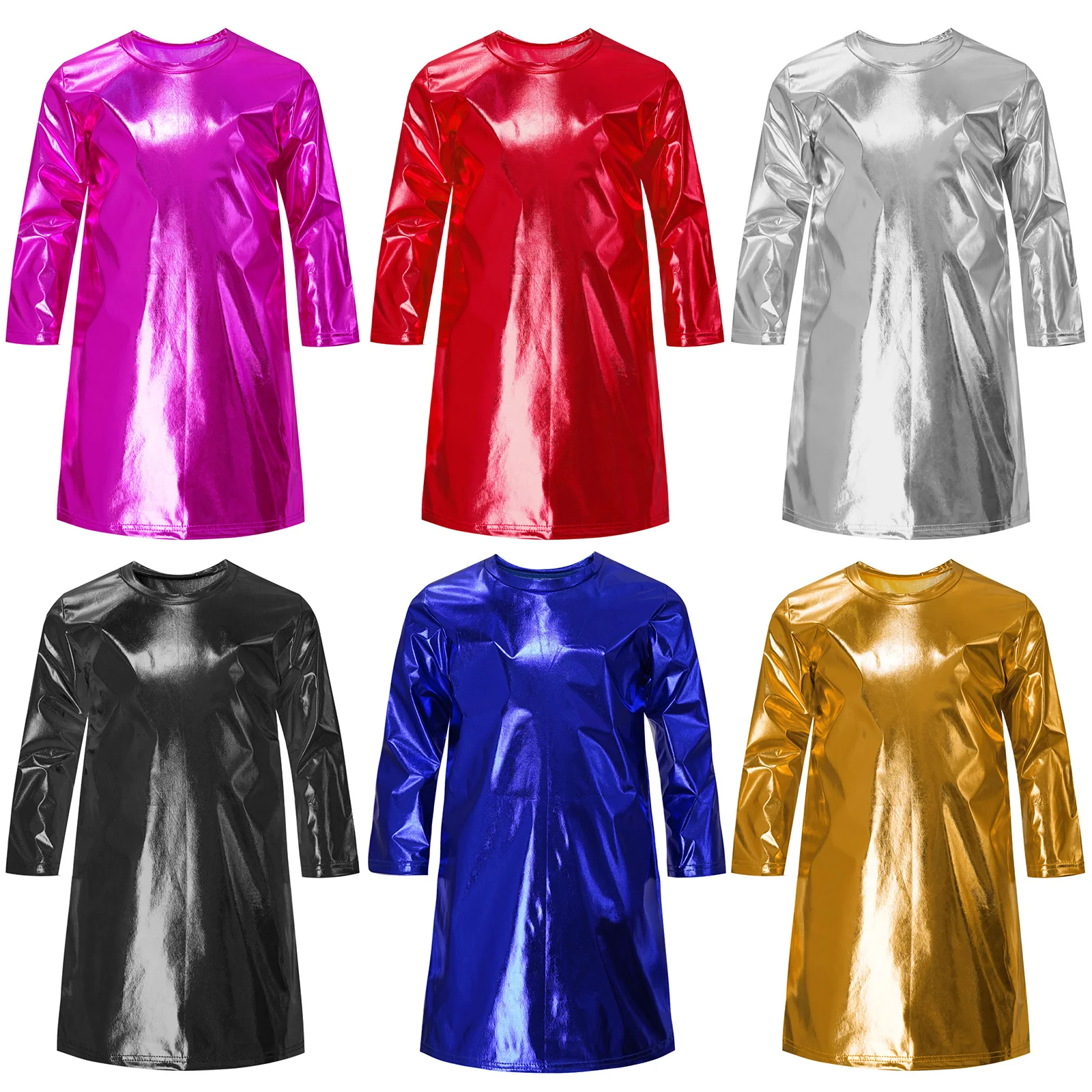 Kids Girls Dance T-shirt Tops Performance Costume Round Neck Long Sleeves Metallic Shiny T-shirt Dress