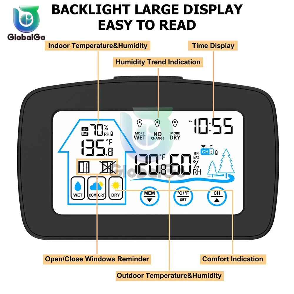 Large LCD Touch Screen Wireless Digital Indoor Outdoor Thermometer Hygrometer Weather Station For Home