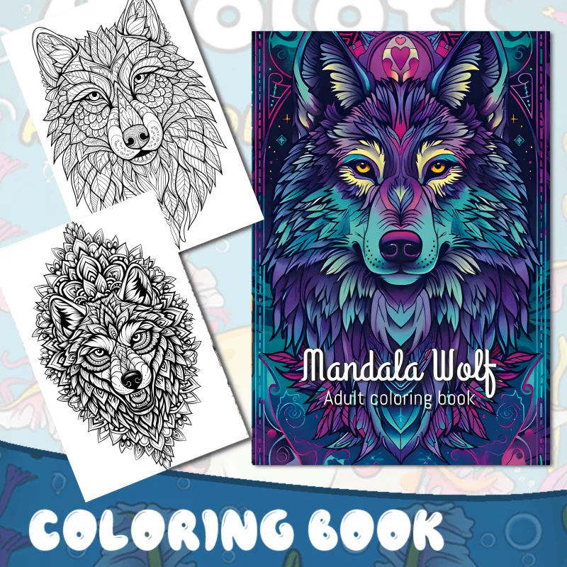 A4 Mandala Wolf Coloring Book 24 Pages Intricate Animal Circle Art for Adults Stress Relief Relaxation Gift