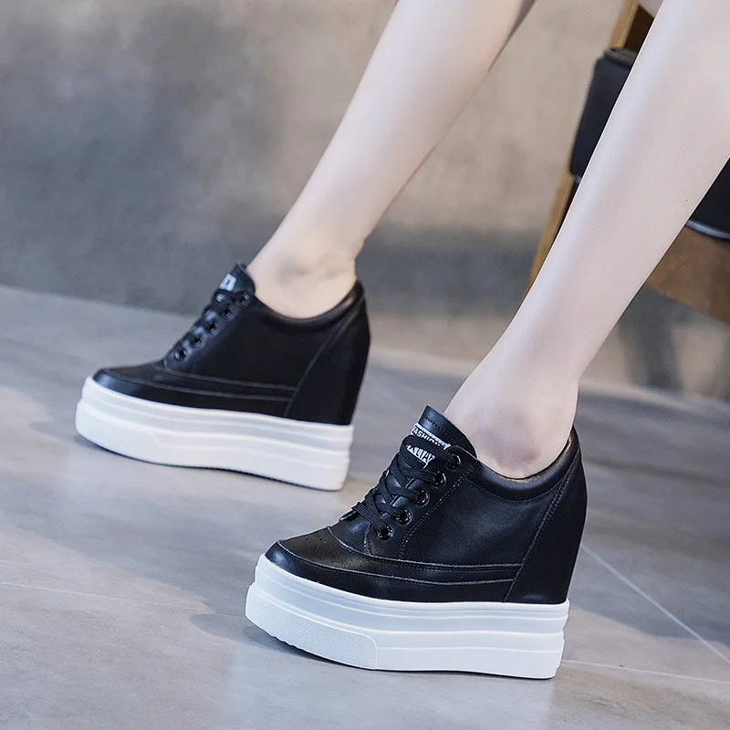 Women Autumn Leather 11cm Hidden Wedge Sneakers Platform Shoes High Heels Sneakers Female Casual Footwear White Woman Trainers