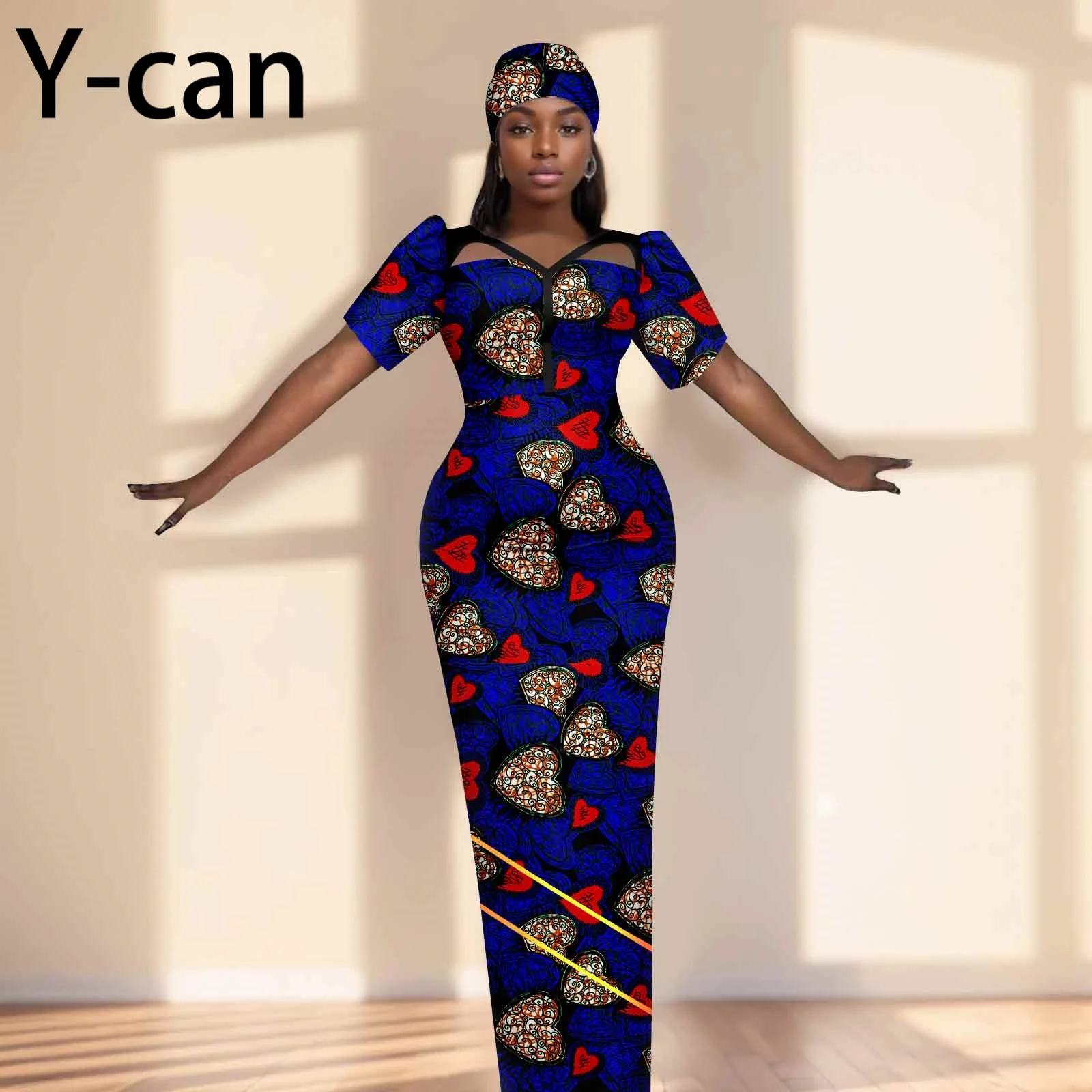 Party Gown African Dresses for Women Slim Fit Short Sleeve Dress Evening Vestidos with Headwrap Dashiki Ankara Print 2525071