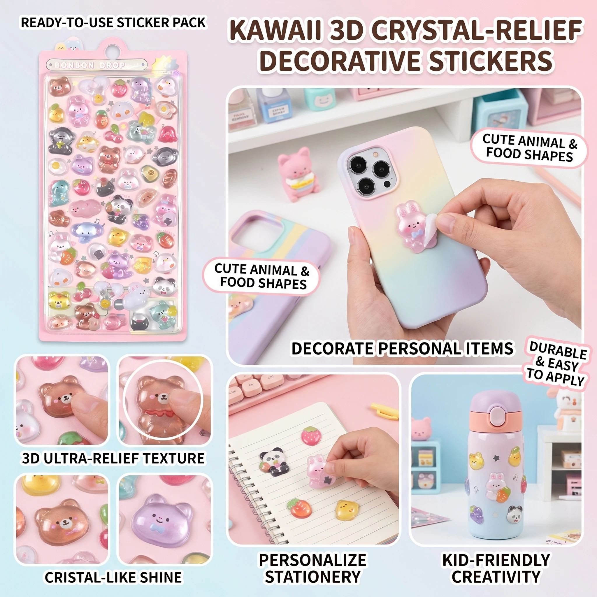 1/2/3/4/5 Pc Creative Embossed Stickers Fun Crystal Bubble Self-adhesive Stickers for Kids Cute Cartoon Decorative Stickers Gift